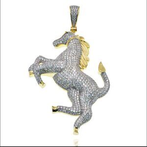 Sterling Silver 925 Two-Tone Plated Iced Out Horse CZ Pendant
